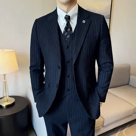 休闲条纹垂感西服男套装英伦风秋冬季2025高级感通勤简约西装礼服商品大图