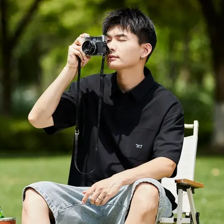 唐狮夏季新款Polo衫男士有带翻领t恤简约休闲黑色短袖上衣潮商品大图