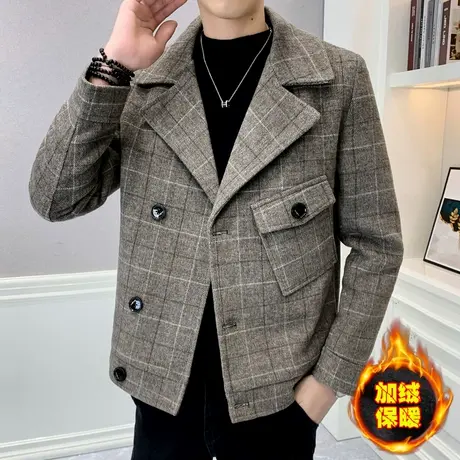 冬季男装加绒加厚外套潮牌英伦风西装领夹克帅气短款羊毛呢子风衣商品大图
