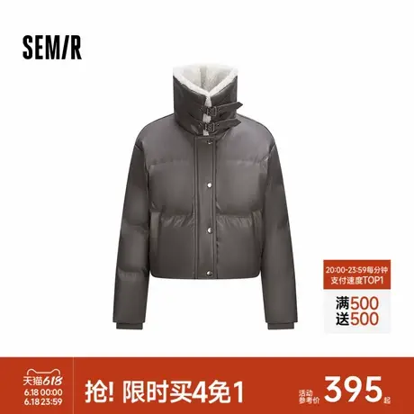 [商场同款]森马羽绒服女短款毛领小个子冬2024新款宽松PU仿皮上衣商品大图