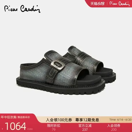 皮尔卡丹女鞋真皮系带拼接撞色潮饰扣户外软底拖鞋一字扣懒人鞋女图片