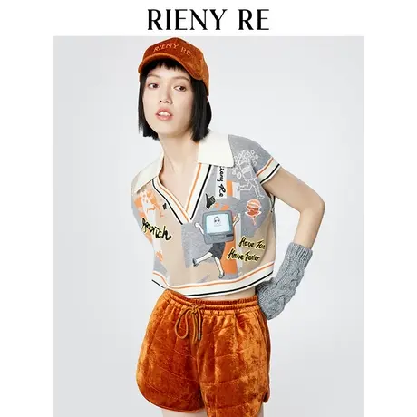 RIENYRE短袖t恤女春秋撞色宽松短款上衣美式时尚高级V领小众上衣图片