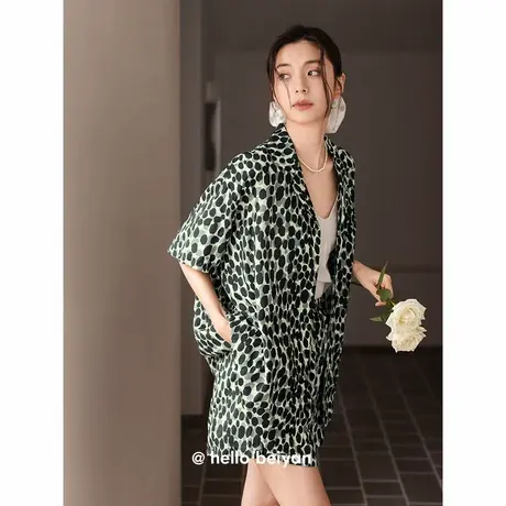 贝妍凉感莫代尔棉睡衣女夏季时尚豹纹家居服大码开衫短袖短裤套装商品大图