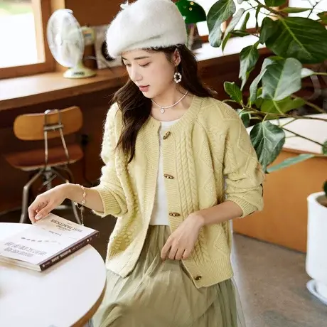 时尚气质毛衣开衫2023年秋季新款淑女温柔圆领牛角扣显瘦长袖上衣商品大图