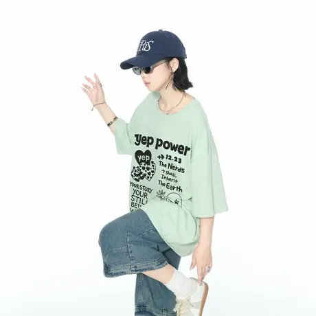 YEP2025新款薄荷绿美式宽松T恤女短袖夏季街头风纯棉圆领半袖上衣商品大图