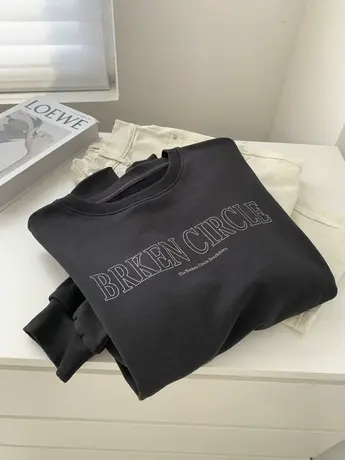 炭灰色美式复古印花卫衣女宽松韩版慵懒百搭圆领套头上衣2023秋冬商品大图