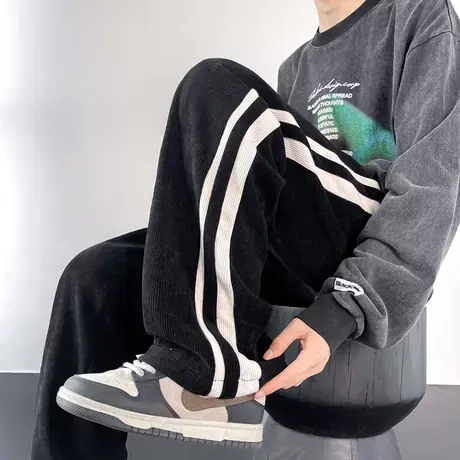 美式vibe黑色休闲裤子男秋季舒适垂感运动长裤直筒潮牌条纹阔腿裤商品大图