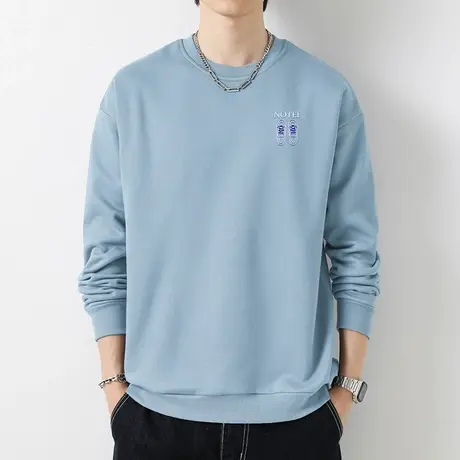 380g重磅纯棉卫衣男生宽松潮流印花摇粒绒蓝色无帽上衣圆领长袖商品大图