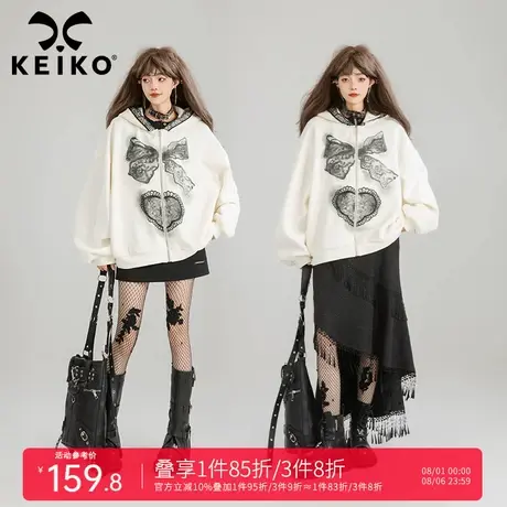 KEIKO 复古蝴蝶结印花连帽卫衣秋季韩系oversize白色拉链外套开衫商品大图