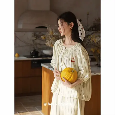贝妍新款睡衣女春秋薄款莫代尔棉开衫套装甜美少女中袖长裤家居服商品大图