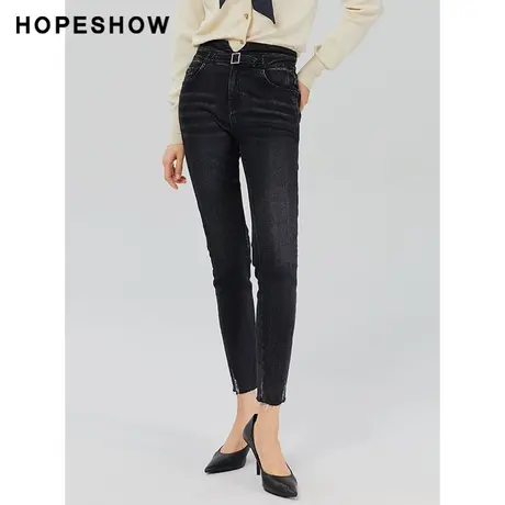 红袖outlets不规则小脚裤hopeshow2022秋新款毛边高腰修身牛仔裤图片