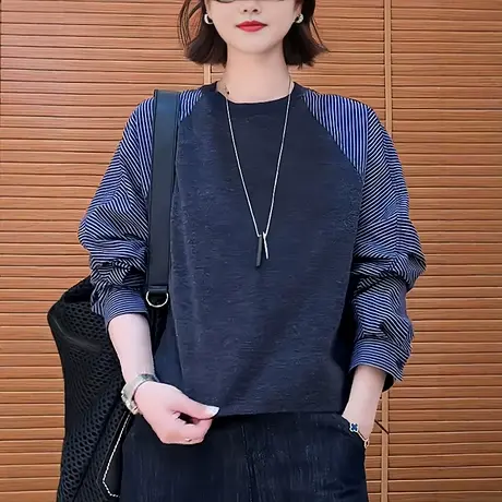 韩系条纹拼接长袖卫衣女2025秋季新款时尚洋气宽松衬衫拼接上衣商品大图