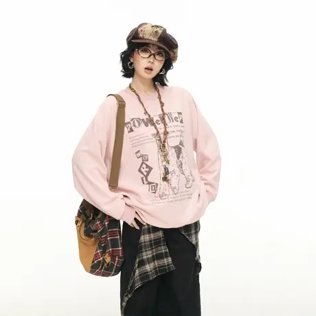 YEP美式复古小狗印花粉色圆领套头卫衣女春秋新款宽松情侣款上衣商品大图