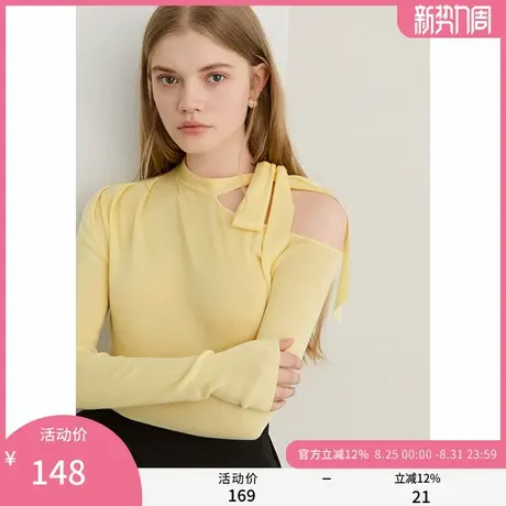 DPLAY2025秋季新款黄色针织衫女斜肩露肩飘带设计100莱赛尔上衣图片