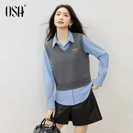 OSA欧莎学院风格雷系灰色V领针织背心女2025秋冬新款叠穿马甲上衣商品大图