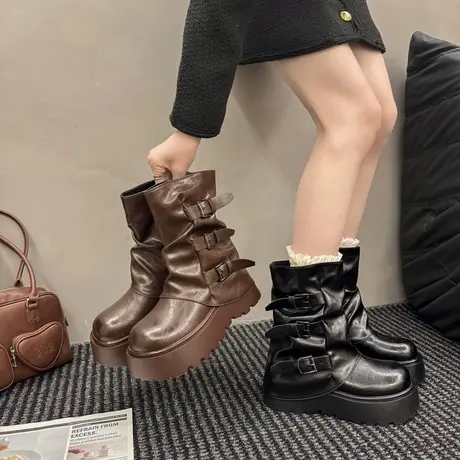 复古厚底裤管靴女2025秋季新款英伦风增高堆堆靴小个子气质马丁靴商品大图