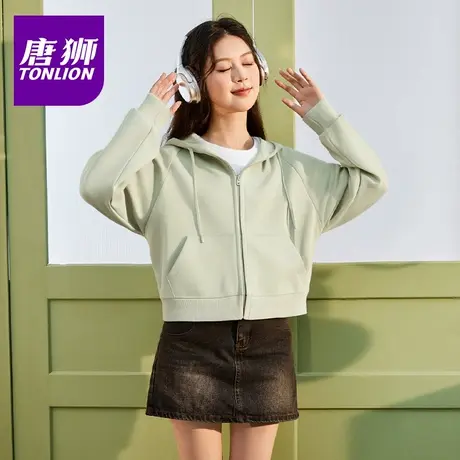 唐狮灰绿色连帽卫衣外套女2025年新款春秋款小个子短款早秋上衣VB商品大图