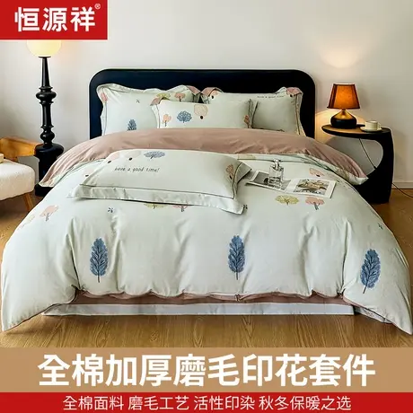 恒源祥新品全棉加厚磨毛四件套时尚小清新简约印花加厚保暖商品大图
