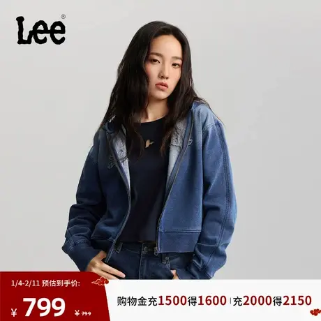 Lee商场同款26春新舒适版拼布Logo装饰靛蓝色女短款连帽开衫卫衣商品大图
