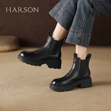 哈森厚底马丁靴女靴2025新款秋冬英伦风切尔西真皮粗跟短筒靴子女图片