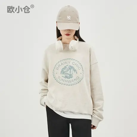 欧小仓 轻运动 男女同版国风三兔共耳高个子重磅毛圈圆领印花卫衣图片