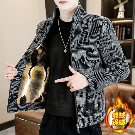 加绒加厚夹克外套痞帅毛呢大衣短款冬装男士高端金貂绒立领潮男装商品大图