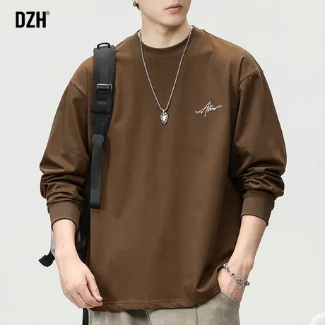 男士纯棉长袖t恤男秋季美式复古上衣2023新款刺绣卫衣男款打底衫商品大图