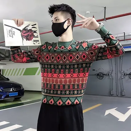 秋冬新款民族风撞色提花线衣潮流休闲潮牌花色毛衣修身打底针织衫图片