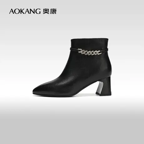 【门店发货】奥康女鞋 2023冬季新款尖头法式粗跟单靴舒适短靴商品大图