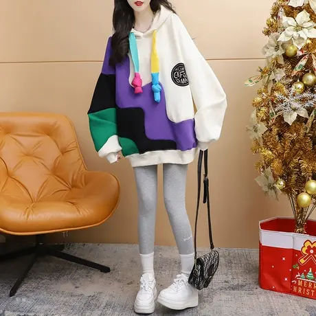 加绒加厚连帽卫衣外套女2023新款秋冬爆款时尚洋气宽松设计感上衣商品大图