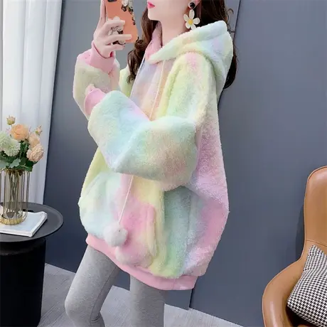 彩色扎染加绒加厚羊羔毛卫衣女秋冬2023新款宽松洋气减龄连帽外套商品大图
