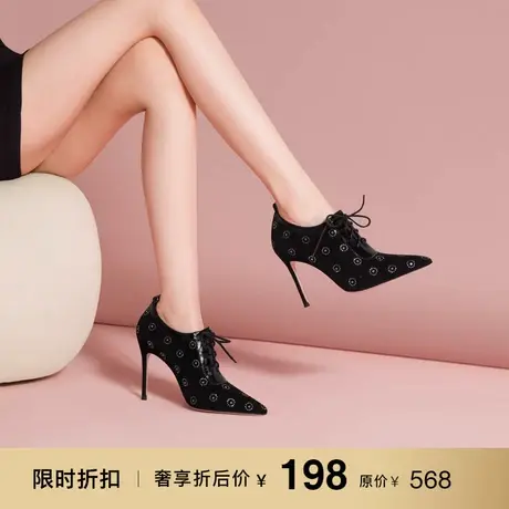 熙漫2023秋冬新款尖头细跟深口单鞋设计感欧美小众复古高跟及踝靴图片