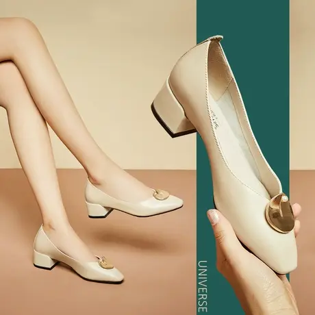 清仓瓢鞋年春中跟粗跟高跟鞋软皮女不磨脚真皮浅口女鞋方头单鞋女图片