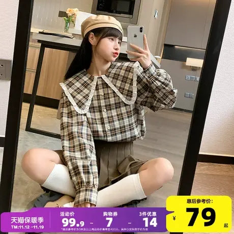 唐狮2022春季新款格子衬衫女娃娃领长袖衬衫甜美学院风百搭衬衣女商品大图