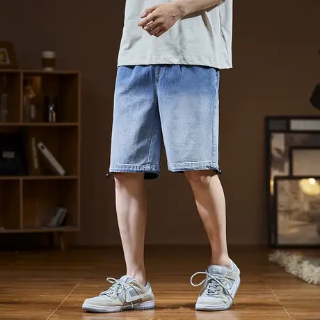 唐狮2022年春夏新款男牛仔短裤宽松渐变潮牌薄款浅色直筒五分潮裤商品大图