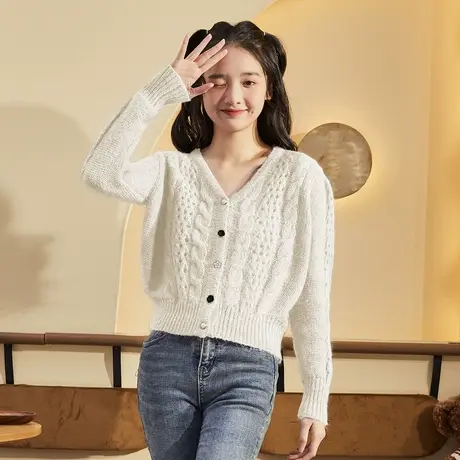 唐狮紫色镂空针织开衫女春秋新款温柔气质毛衣甜美V领短款潮图片