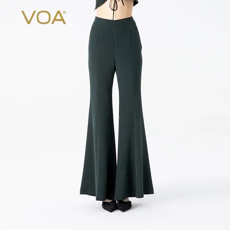 VOA36姆米弹力重绉桑蚕丝墨绿自然腰侧拉口袋百搭丝绸微喇裤女商品大图