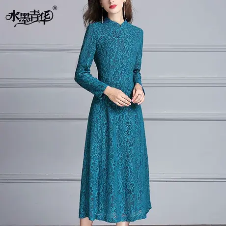 水墨青华春装新品时尚百搭打底裙简约修身中长款优雅蕾丝连衣裙图片