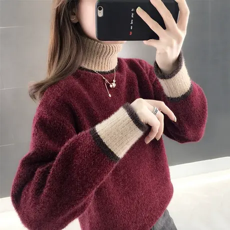 5257新款高领女士毛衣加厚宽松慵懒韩版内搭套头打底水貂绒商品大图