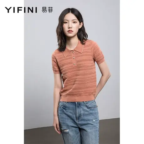 Yifini/易菲短袖夏季毛针织衫女修身显瘦短款外穿上衣新款潮商品大图