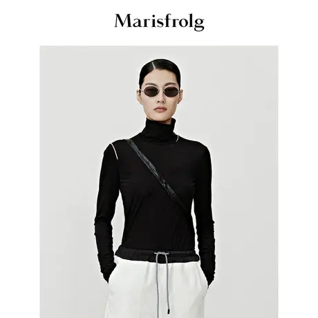 【经典搭配系列】玛丝菲尔秋季黑色肩部撞色条设计打底衫图片