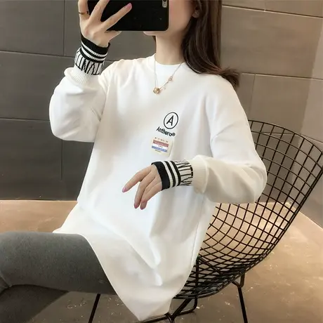 长袖t恤女秋冬韩版宽松大码女装中长款加绒加厚磨毛德绒打底衫潮图片