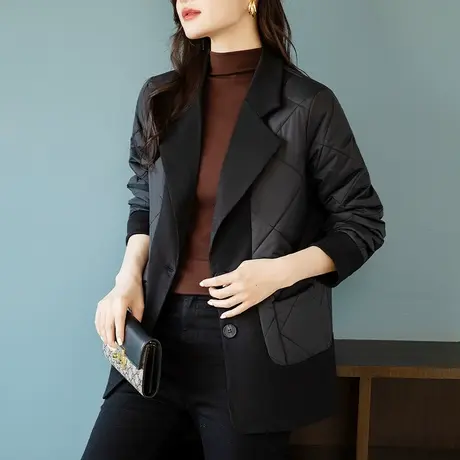 黑色假两件西装领羽绒服加肥加大码女装宽松拼接百搭秋冬新款外套商品大图