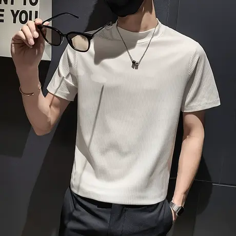 夏季男士t恤短袖修身半袖纯色条纹打底衫半截袖休闲潮流学生体恤商品大图