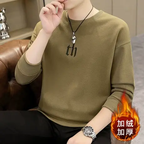 2023秋冬季加绒长袖T恤男上衣服宽松百搭秋衣男装加厚卫衣休闲潮商品大图