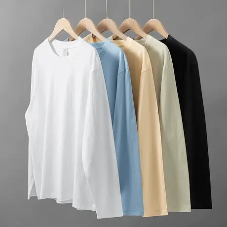 重磅纯棉长袖t恤男打底衫秋冬加绒加厚纯色白色全棉保暖内搭秋衣商品大图