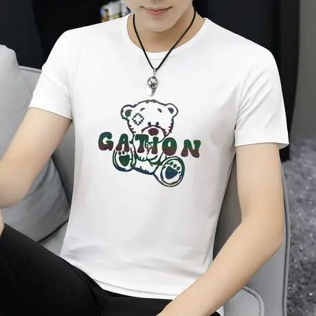 莫代尔白色t恤男士短袖夏装上衣服冰丝凉感半袖潮牌小熊印花体恤商品大图