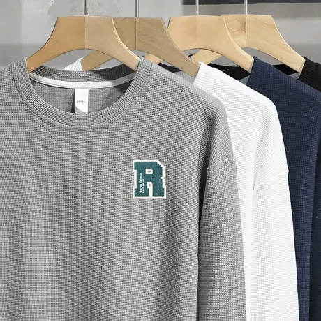 2024新款华夫格卫衣男秋季宽松潮流圆领长袖t恤无帽上衣休闲百搭商品大图