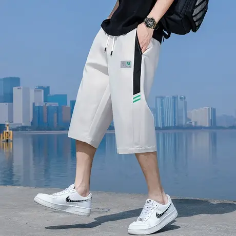 夏季七分裤男潮牌拼色宽松直筒八分短裤子男韩版简约休闲运动马裤商品大图