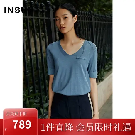 恩裳女装夏季V领修身时尚夏装薄款短袖针织衫上衣气质商品大图